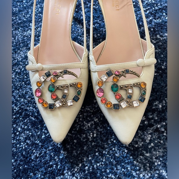 Gucci White GG Crystal Bamboo Unia Heels 8.5